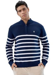 Raymond Men Regular Fit Structure Pattern Cotton Nylon Blend Rib Collar Full Sleeve Casual Sweater Blue