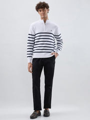 Raymond Men Regular Fit Structure Pattern Cotton Nylon Blend Rib Collar Full Sleeve Casual Sweater White