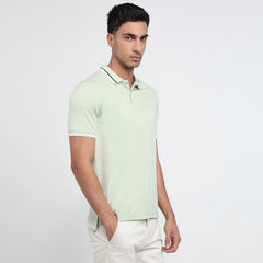 Parx Men Regular Fit Solid Pattern Rayon Blend Polo Neck Half Sleeve Straight Hem Casual T-Shirt Light Green