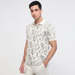 Parx Men Regular Fit Print Pattern Rayon Blend Polo Neck Half Sleeve Straight Hem Casual T-Shirt White
