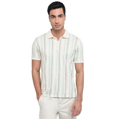 Parx Men Regular Fit Print Pattern Rayon Blend Polo Neck Half Sleeve Straight Hem Casual T-Shirt White