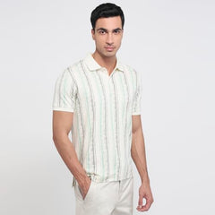 Parx Men Regular Fit Print Pattern Rayon Blend Polo Neck Half Sleeve Straight Hem Casual T-Shirt White