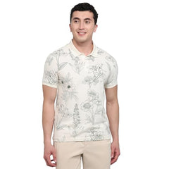 Parx Men Regular Fit Print Pattern Pure Cotton Polo Neck Half Sleeve Straight Hem Casual T-Shirt White