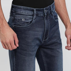 Parx Men Loose Fit Dobby Pattern Cotton Polyester Blend Flat Front Casual Jeans Blue