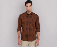 Parx Men Slim Fit Embroidery Pattern Pure Cotton Semicutaway Collar Full Sleeve Round Hem Casual Shirt Dark Brown