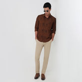 Dark brown Parx men's slim fit casual shirt with embroidery pattern, pure cotton, full sleeves, semicutaway collar, round hem.