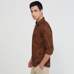 Parx Men Slim Fit Embroidery Pattern Pure Cotton Semicutaway Collar Full Sleeve Round Hem Casual Shirt Dark Brown