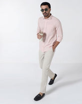 Blackberrys Men's Cotton Vertical-Stripes Light-Pink Slim-Fit Shirts