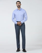 Blackberry men's blue polyester blend slim formal trousers, tailored fit, with front and back pockets, on a plain background.