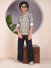 Crimsoune Club Boy's Green Floral Print 100% Cotton Corduory Shirt (11-12Y)