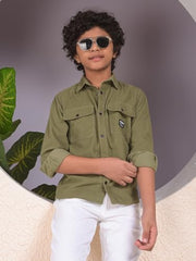 Crimsoune Club Boy's Green 100% Cotton Corduory Shirt (15-16Y)