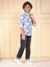 Crimsoune Club Boy's Blue Floral Print Linen Kurta (11-12Y)