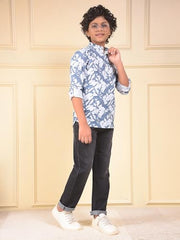 Crimsoune Club Boy's Blue Floral Print Linen Kurta (11-12Y)