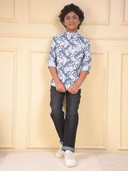 Crimsoune Club Boy's Blue Floral Print Linen Kurta (11-12Y)