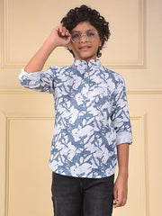 Crimsoune Club Boy's Blue Floral Print Linen Kurta (11-12Y)