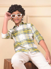 Crimsoune Club Boy's Yellow Checked 100% Cotton Shirt (13-14Y)