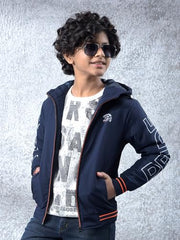 Crimsoune Club Boy's Navy Blue Typographic Print Hooded Neck Bomber Jacket (5-6Y)