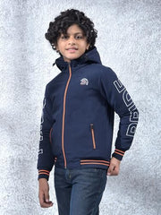 Crimsoune Club Boy's Navy Blue Typographic Print Hooded Neck Bomber Jacket (5-6Y)