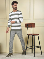 Crimsoune Club Men's Olive Horizontal Stripes 100% Cotton Sweater (XL)