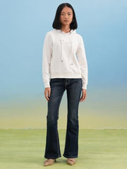 Crimsoune Club Women's White Graphic Print Hooded Neck Sweatshirt