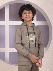 Crimsoune Club Boy's Olive Graphic Print Hooded Neck Sweatshirt (13-14Y)