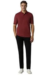 Louis Philippe Men Maroon Solid Polo Neck T-Shirt