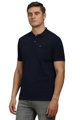 Louis Philippe Men Navy Solid Polo Neck T-Shirt