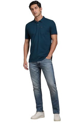 Louis Philippe Men Blue Solid Polo Neck T-Shirt
