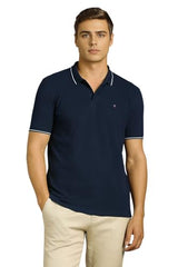 Men Navy Solid Polo Neck T-Shirt