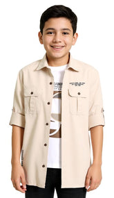 CHARCHIT Boys Full Sleeves Printed Casual Shirt & T-Shirt Cream