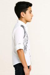 CHARCHIT Boys Cotton Regular Fit Spread Collar Full Sleeves Lion Printed Shirt White