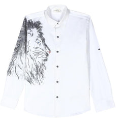 CHARCHIT Boys Cotton Regular Fit Spread Collar Full Sleeves Lion Printed Shirt White