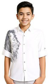 CHARCHIT Boys Cotton Regular Fit Spread Collar Full Sleeves Lion Printed Shirt White