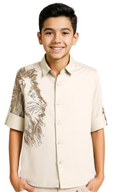CHARCHIT Boys Cotton Regular Fit Spread Collar Full Sleeves Lion Printed Shirt Fawn