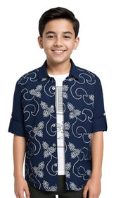 Boys Full Sleeves Embellished Solid Shirt and T-Shirt Navy