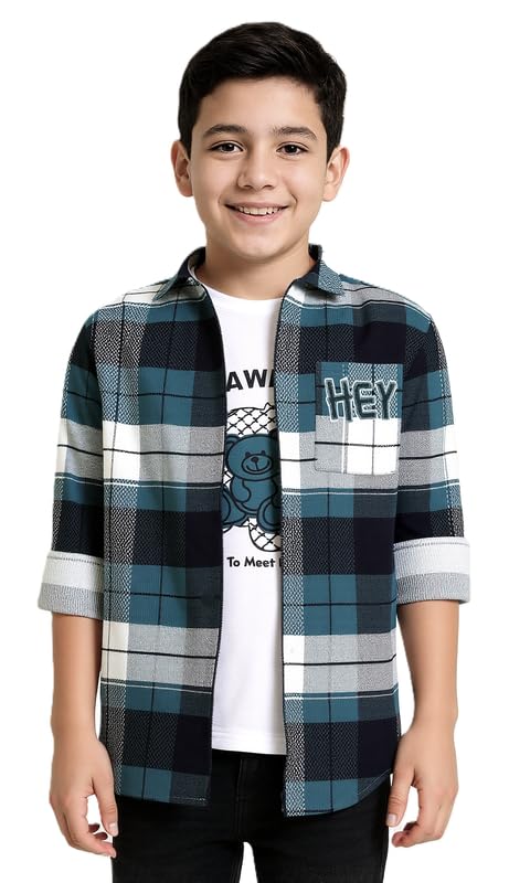 Charchit boys checkered full sleeve shirt and mustard T-shirt, casual upper wear with button-up design and contrasting collar.
