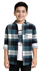 Charchit boys checkered full sleeve shirt and mustard T-shirt, casual upper wear with button-up design and contrasting collar.