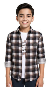 CAVIO Boys Cotton Checks Full Sleeves Shirt with Regular Fit T-Shirt Magenta