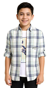 CAVIO Boys Cotton Full Sleeve Checks Shirt with Regular Fit T-Shirt LightGreen