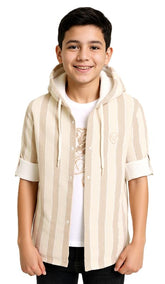 CAVIO Boys Cotton Striped Full Sleeves Hooded Shirt & T-Shirt Brown