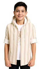 CAVIO Boys Cotton Striped Full Sleeves Hooded Shirt & T-Shirt Brown