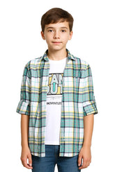 CAVIO Boys Regular fit Checks Full Sleeves Casual Shirt and T-Shirt Green