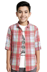 CAVIO Boys Regular fit Checks Full Sleeves Casual Shirt and T-Shirt Red