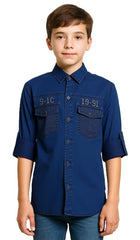 CAVIO Boys Cotton Regular Fit Spread Collar Full Sleeves Denim Shirt Navy