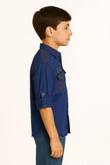 CAVIO Boys Cotton Regular Fit Spread Collar Full Sleeves Denim Shirt Navy