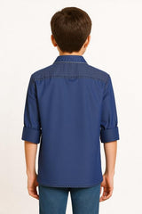 CAVIO Boys Cotton Regular Fit Spread Collar Full Sleeves Denim Shirt Navy