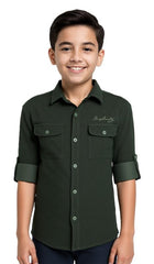 CAVIO Boys Cotton Regular Fit Spread Collar Full Sleeves Plain Shirt DarkGreen