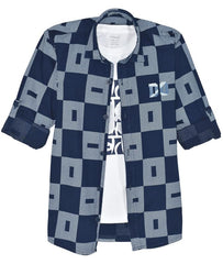 CAVIO Boys Cotton Full Sleeves Checks Shirt with Regular Fit T-Shirt Navy
