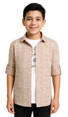 CAVIO Boys Cotton Printed Full Sleeves Shirt with Regular Fit T-Shirt Cream