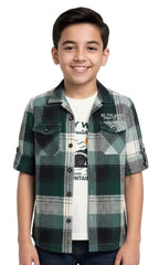 Boys Full Sleeves Checked Shirt and T-Shirt White